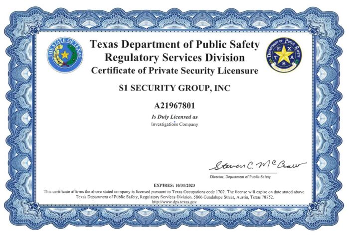 Texas Certificate of Private Security Licensure